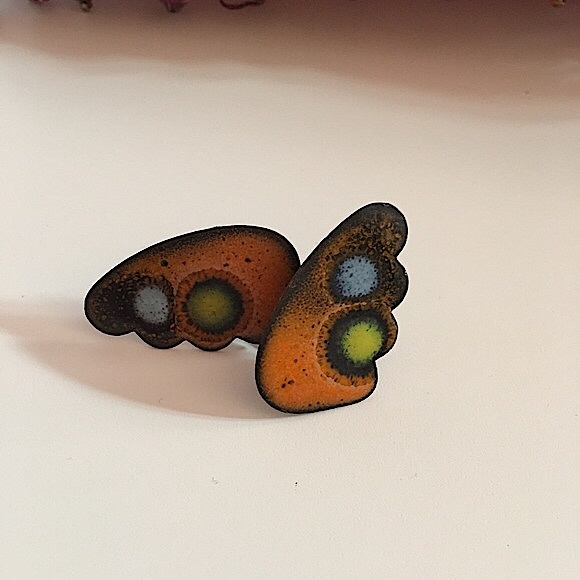 Vintage 60 70 MCM MOD Copper Butterfly Wing Abstract Clip Earrings - Picture 4 of 13